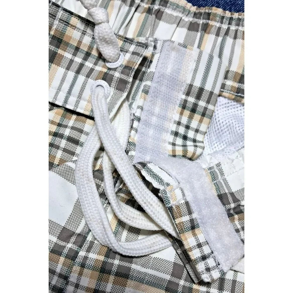 Chaps Plaid Swim Trunks Mens XL Beige White Polyester Mesh‎ Lined Drawstring
